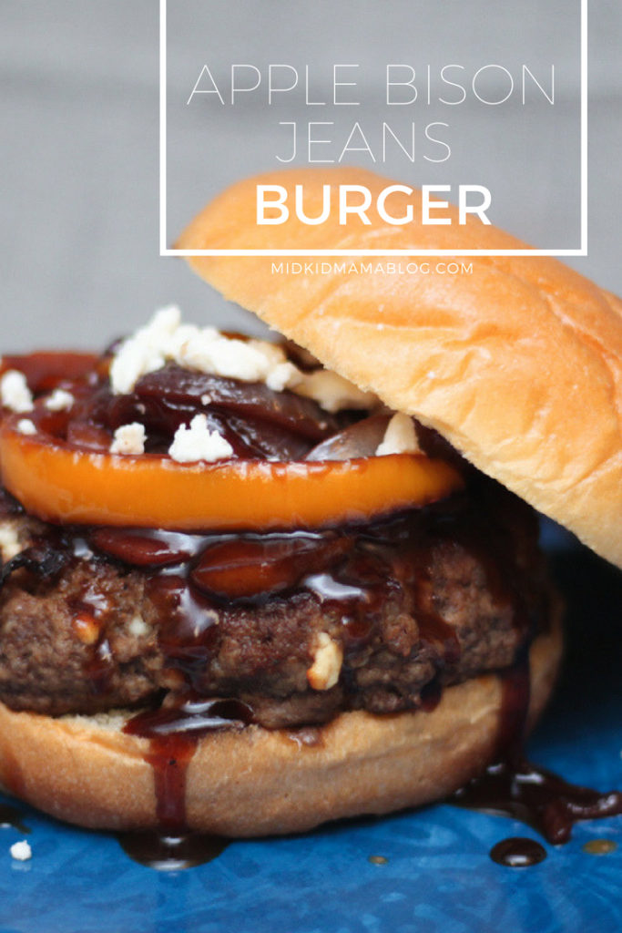 Apple Bison Jeans Burger: Gourmet Burger Recipe – burgers with unusual flavors are perfect for family dinners and parties – savory flavors of smoked apple bbq sauce, veggies and bison meat – MidKid Mama Blog Recipes