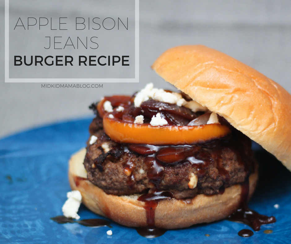 Apple Bison Jeans Burger: Gourmet Burger Recipe – burgers with unusual flavors are perfect for family dinners and parties – savory flavors of smoked apple bbq sauce, veggies and bison meat – MidKid Mama Blog Recipes