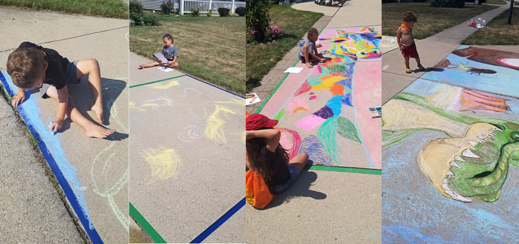 Virtual Chalk Walk 2020 driveway sidewalk art with kids and social distance visiting