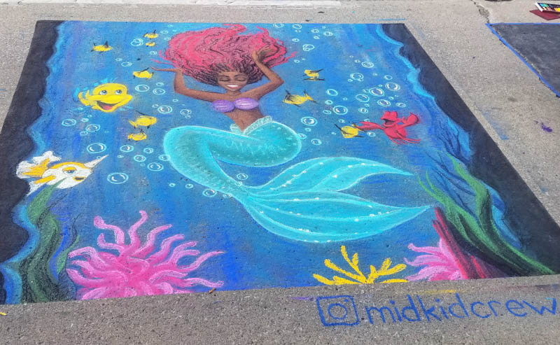 Little Mermaid Ariel live action Halle Bailey Disney art fanart chalk walk street art Flounder Sebastian